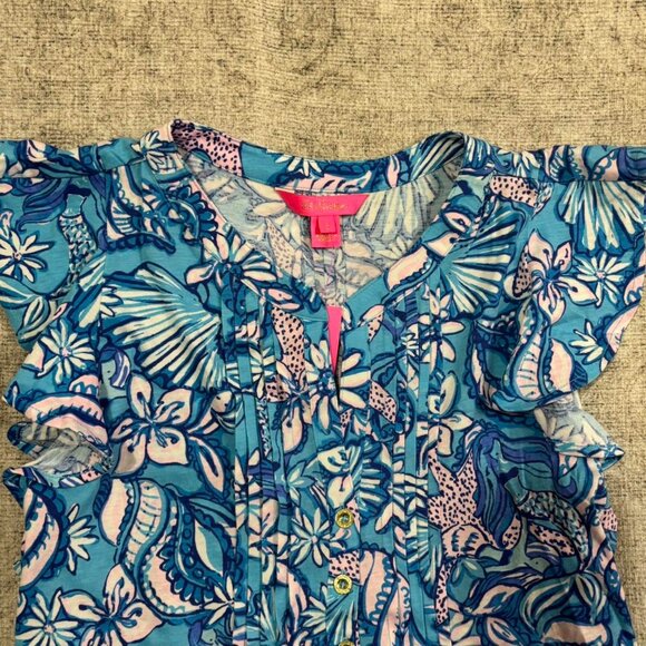 Lilly Pulitzer Resort Wear Blue Floral Summer Blouse Large - Picture 3 of 8